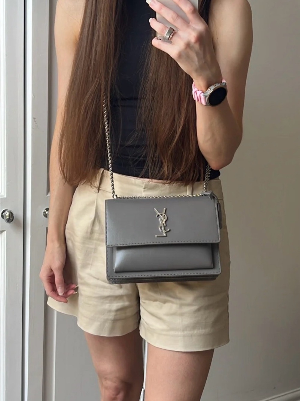 Yves Saint Laurent Grey Leather Chain Flap Crossbody